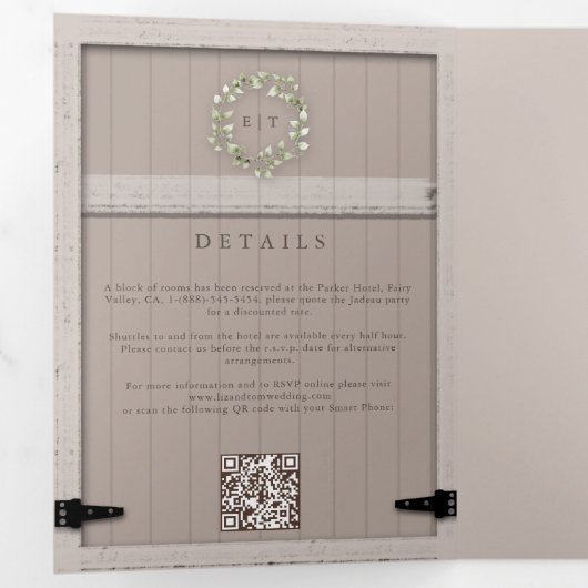 Rustikales Stallholz Eukalyptus-Wappen Elegante Ho Dreifach Gefaltete Einladung (Innen Erste Seite)