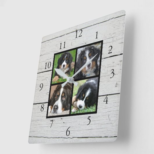 Rustikales Stallholz Familienkollage Foto Quadratische Wanduhr (Winkel)