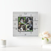 Rustikales Stallholz Familienkollage Foto Quadratische Wanduhr (Zuhause)