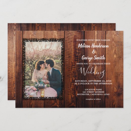 Rustikales Stallholz Foto Hochzeit Einladung (Vorne/Hinten)