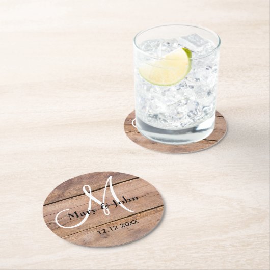 Rustikales Stallholz-Hochzeitsmonogramm Runder Pappuntersetzer (Vor Ort)