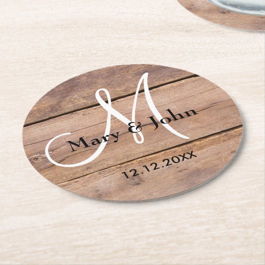 Rustikales Stallholz-Hochzeitsmonogramm Runder Pappuntersetzer (Angewinkelt)