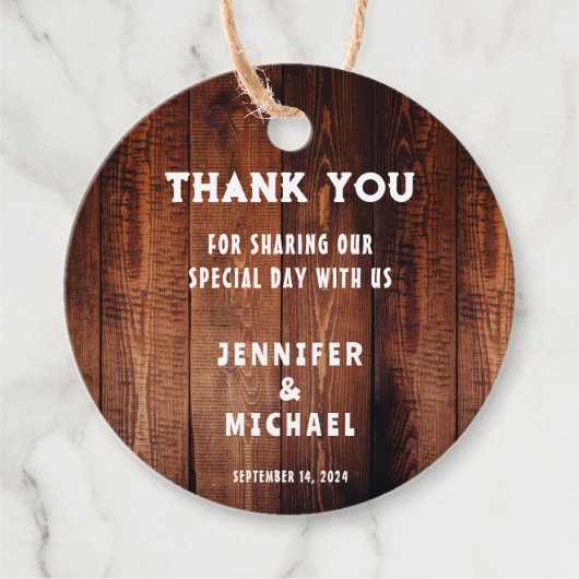 Rustikales Stallholz Land Hochzeit Danke Geschenkanhänger (Vorderseite)