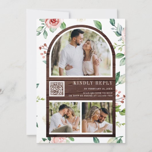 Rustikales Stallholz Peach Floral Lace QR Code Hoc Einladung (Rückseite)