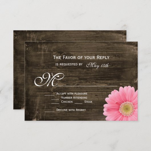 Rustikales Stallholz Rosa Daisy Wedding RSVP Cards (Vorne/Hinten)