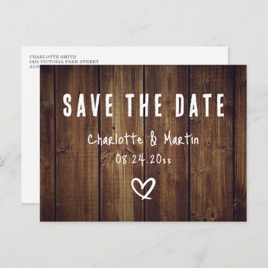 Rustikales Stallholz Save the Date Postkarte (Vorne/Hinten)