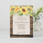 Rustikales Stallholz Sonnenblumen Deckenrand Hochz Einladung (Stehend Vorderseite)