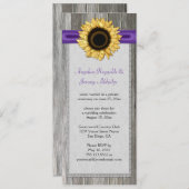 Rustikales Stallholz Sonnenblumen Lila Ribbon Spit Einladung (Vorne/Hinten)