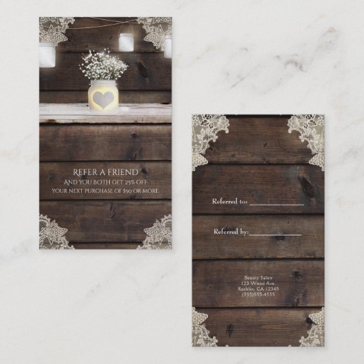 Rustikales Stallholz, Spitzen & Mason Jars Verleih Empfehlungskarte (Vorne/Hinten)