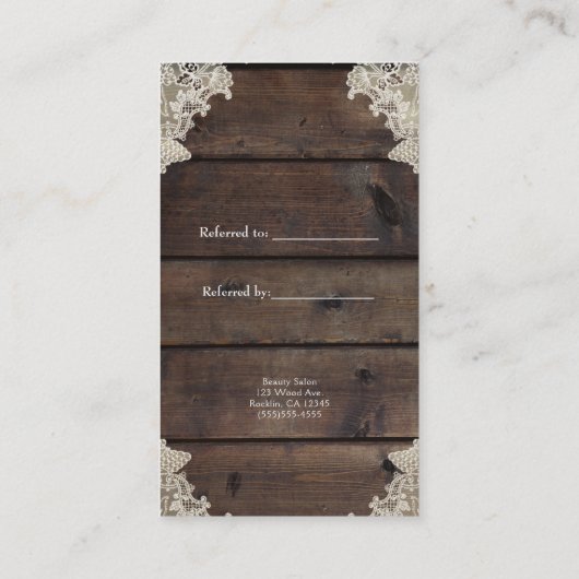 Rustikales Stallholz, Spitzen & Mason Jars Verleih Empfehlungskarte (Rückseite)