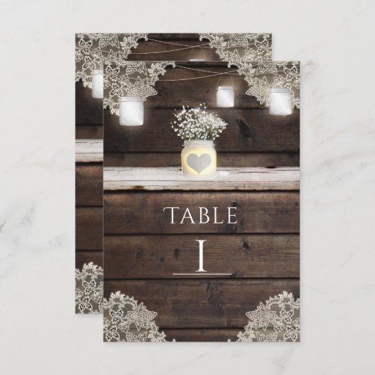 Rustikales Stallholz, Spitzen und Mason Jars Tisch Einladung (Vorne/Hinten)