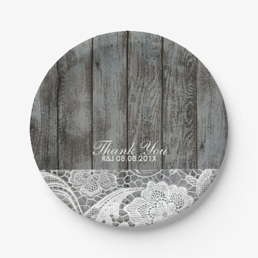 Rustikales Stallholz Spitzenplatz Western Hochzeit Pappteller (Vorderseite)