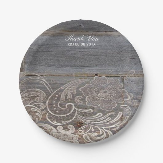 Rustikales Stallholz Spitzenplatz Western Hochzeit Pappteller (Vorderseite)