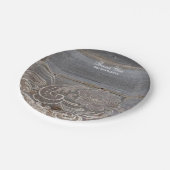 Rustikales Stallholz Spitzenplatz Western Hochzeit Pappteller (Schrägansicht)