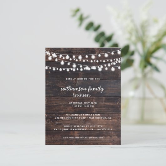 Rustikales Stallholz und Stringleuchten Wiedersehe Einladung (Stehend Vorderseite)