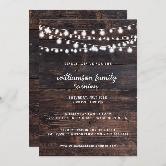 Rustikales Stallholz und Stringleuchten Wiedersehe Einladung (Vorne/Hinten)