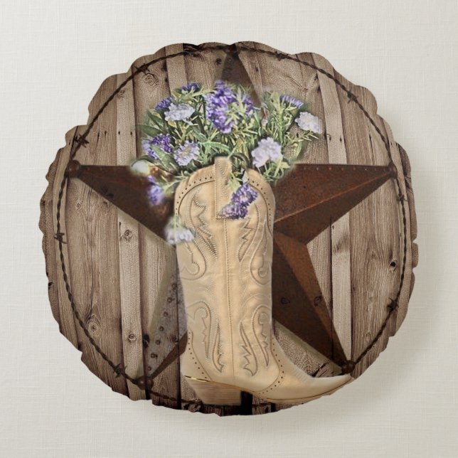 Rustikales Stallholz Wildblume Cowboy Western Star Rundes Kissen (Vorderseite)