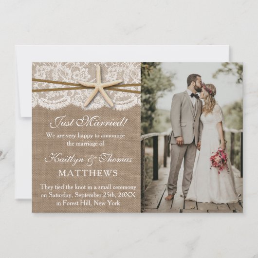 Rustikales Starfish Beach Hochzeit Foto Ehe Ankündigung (Vorderseite)