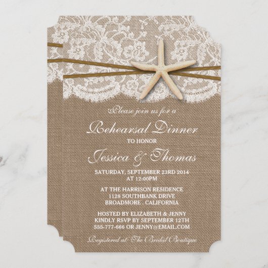 Rustikales Starfish Beach Hochzeitsessen Probe Einladung (Vorne/Hinten)