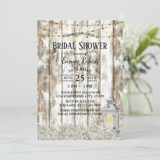 Rustikales Starfish Laternenholz-Brautparty Einladung (Stehend Vorderseite)