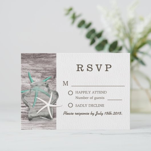 Rustikales Starfish & Mason Jar Wedding RSVP Karte (Stehend Vorderseite)