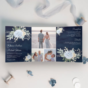 Rustikales Staubblau und Elfenbein Blumen Hochzeit Dreifach Gefaltete Einladung