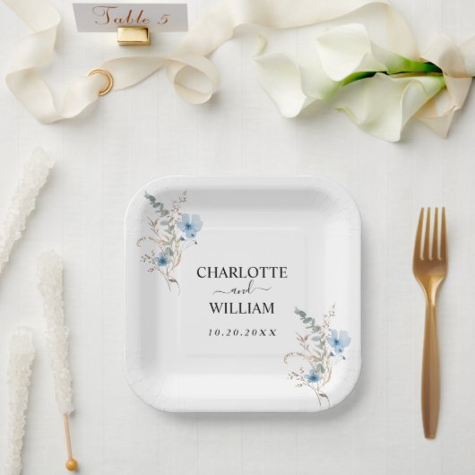 rustikales staubiges Blaut Wasserfarben-Blumenbouq Pappteller (Hochzeit)