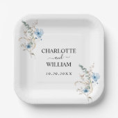 rustikales staubiges Blaut Wasserfarben-Blumenbouq Pappteller (Vorderseite)