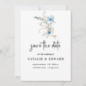 rustikales staubiges Blaut Wasserfarben-Blumenbouq Save The Date (Vorderseite)