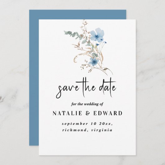 rustikales staubiges Blaut Wasserfarben-Blumenbouq Save The Date (Vorne/Hinten)