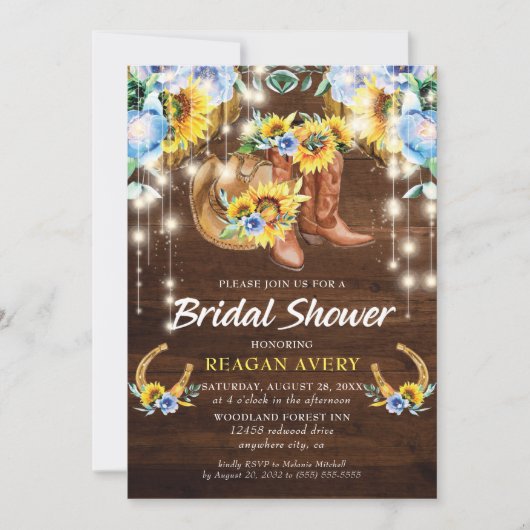 Rustikales Stiefel Brautparty florale String Light Einladung (Vorderseite)