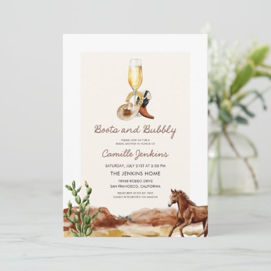 Rustikales Stiefel und bubbly Country Brautparty Einladung (Stehend Vorderseite)