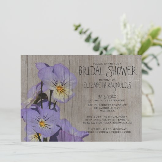 Rustikales Stiefmütterchen Bridal Dusche Einladung (Stehend Vorderseite)