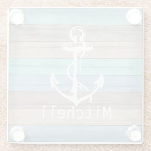 Rustikales Strandholz Nautical Stripes & Anchor Glasuntersetzer (Rückseite)