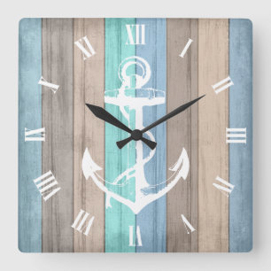 Rustikales Strandholz Nautical Stripes & Anchor Quadratische Wanduhr