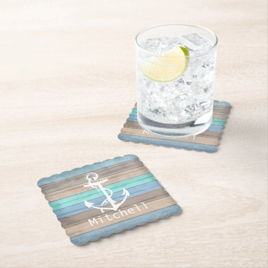 Rustikales Strandholz Nautical Stripes & Anchor Untersetzer (Vor Ort)