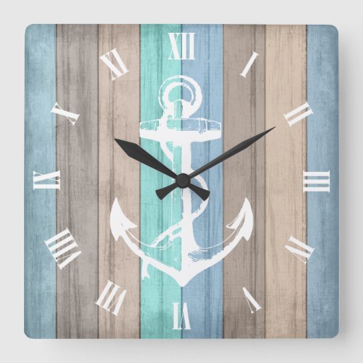 Rustikales Strandholz, Wasserpfeifen und Anker Quadratische Wanduhr (Vorderseite)