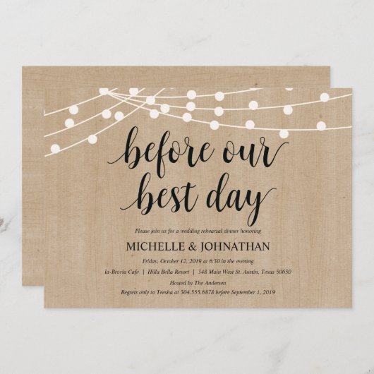 Rustikales Strandlicht Probe Dinner lädt ein Einladung (Vorne/Hinten)