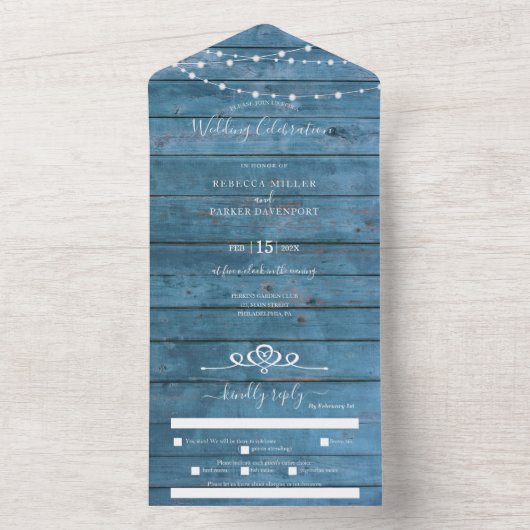 Rustikales Streichellicht Blau Holz Hochzeit alles All In One Einladung (Innen Boden)