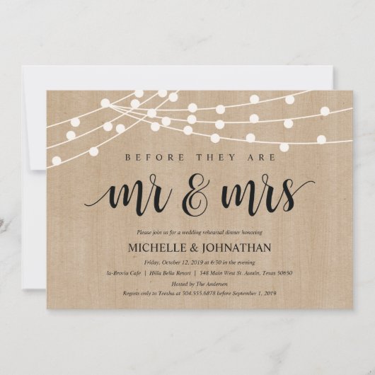 Rustikales Streichellicht Probe Dinner Einladung (Vorderseite)