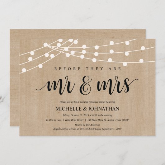 Rustikales Streichellicht Probe Dinner Einladung (Vorne/Hinten)