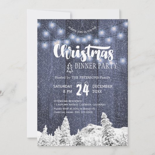 Rustikales Streichellicht Weiß-Blau Weihnachts-Par Einladung (Vorderseite)