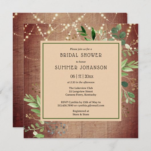 Rustikales String Light Greenerity Brautparty Einladung (Vorne/Hinten)