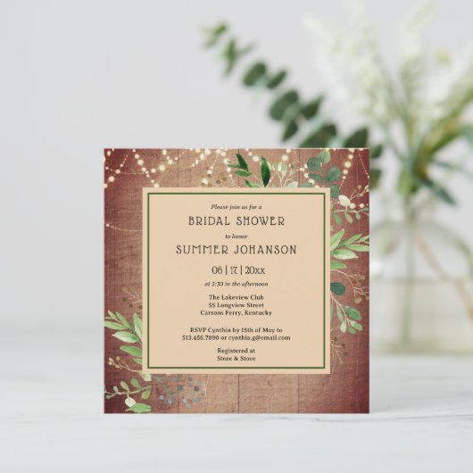 Rustikales String Light Greenerity Brautparty Einladung (Stehend Vorderseite)