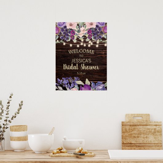 Rustikales String Light Lila floral Brautparty Poster (Küche)