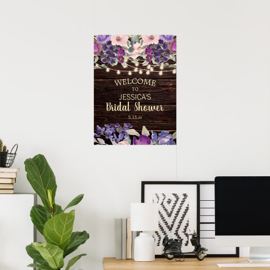 Rustikales String Light Lila floral Brautparty Poster (Heimbüro)