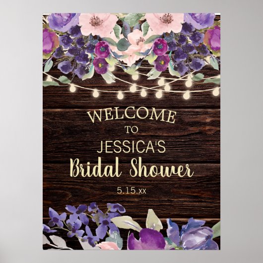 Rustikales String Light Lila floral Brautparty Poster (Vorne)