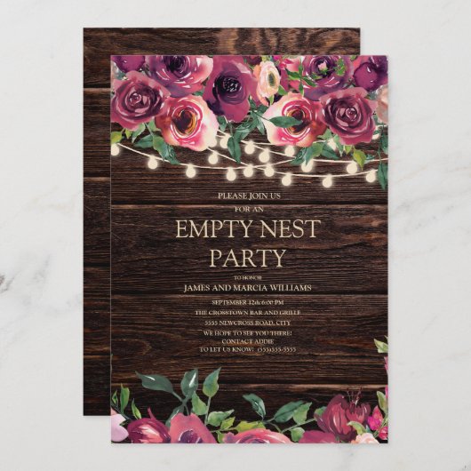 Rustikales String Light Lila Floral Leer Nest Part Einladung (Vorne/Hinten)