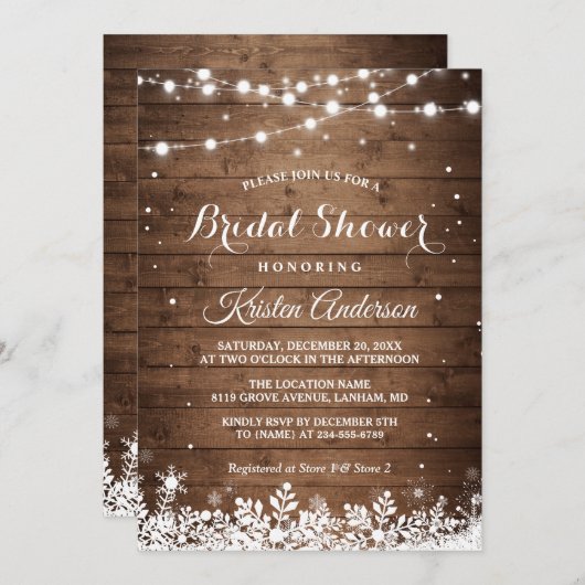 Rustikales String Light Snowflake Winter Brautpart Einladung (Vorne/Hinten)