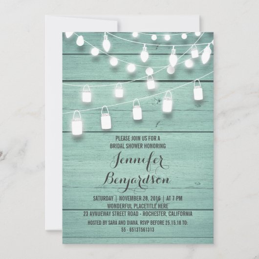 Rustikales String Lights Aquamarines Brautparty Einladung (Vorderseite)